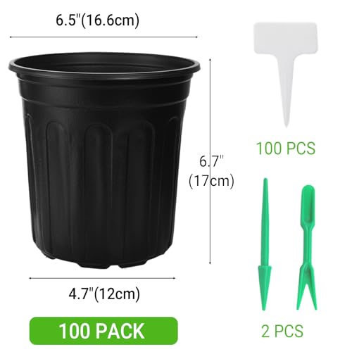 100 Pack 1 Gallon Flexible Plant Nursery Pots, Thickened Soft Plastic Plant Pots with 100Pcs Waterproof Plastic T-Type Plant Tags and 2Pcs/Set Transplanting Digging Mini Tools(Black) - size: 6.5 inch(100pcs)black