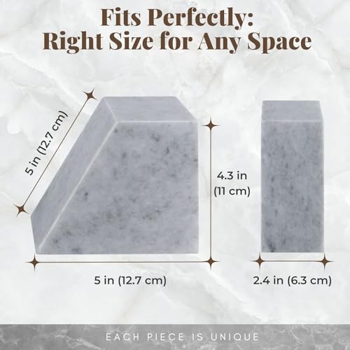 Flexzion Book Ends for Heavy Books - White Marble Bookends Decorative for Shelves, Weighted Modern Stone Marble Bookends Stopper with Non-Skid Bottom for Desk, Shelves, Kitchen and Office (Set of 2)