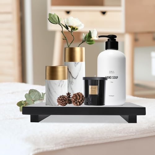 Renawe Black Bathroom Counter Tray Organizer Wood Riser Stand Kitchen Countertop Trays Wooden Pedesta Display Dish Soap Dispenser Holder for Bathroom Decor Sink Accessories Vanity Tray - color: Black, size: 12x6.7 inch