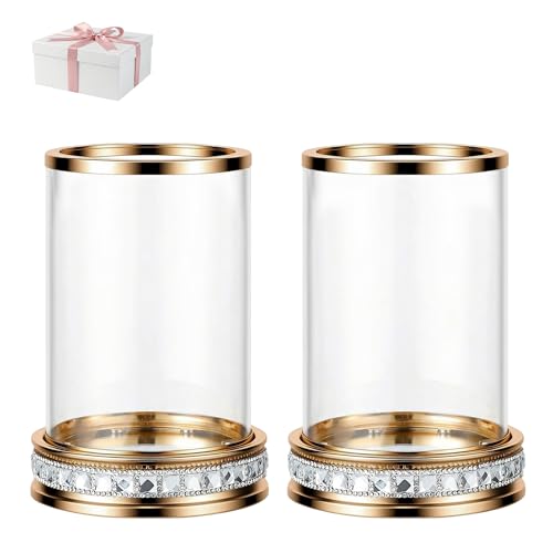 2pcs Hurricane Candle Holder, Pillar Candle Holders with Clear Glass Sleeve, Small Crystal Lantern for Fall Thanksgiving Christmas Holiday Dining Table Centerpiece (Gold) - color: Gold