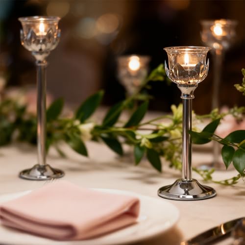 Set of 3 Metal Tea Light Candle Holder with 3 Glass Cups, 12/10/8 Inch Elegant Tealight Candelabra Centerpiece for Wedding Table Decor, Tiered Home Party Decoration (3, Silver) - color: Silver