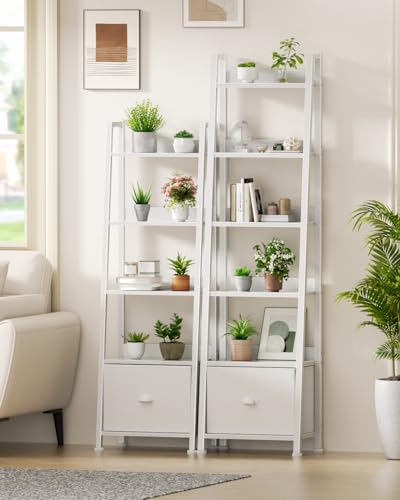 Furologee 6 Tier Ladder Shelf,Ladder Bookshelf with Drawer,Modern Tall Bookcase,Storage Rack Organizer,Wood Metal Freestanding Shelves for Living Room, Home Office, Bedroom, White - color: White, size: 6-Tier, 15" W