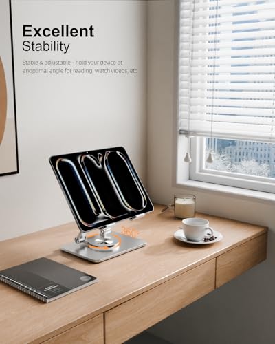 Orlian Tablet Stand Holder with Thickened 360°Rotating Base Dual Rod Adjustable Aluminum Stand for All 5.8-12.9” iPad Samsung Phone Tablet Kindle E-Reader and More, Silver - color: Silver