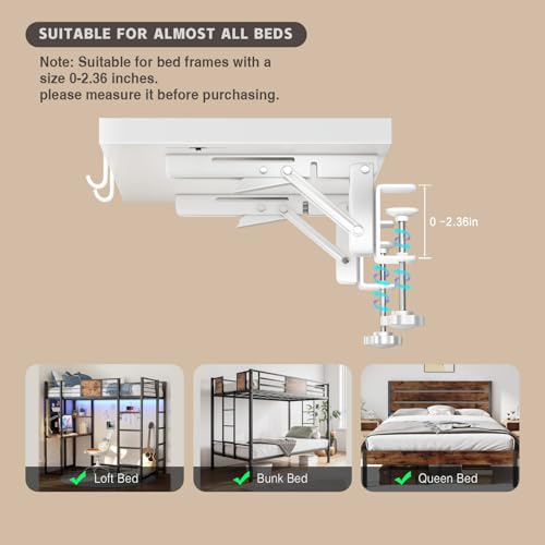 Magheo Foldable Bedside Shelf, Metal Clip-On Bunk Bed Table Shelf for Top Bunk Heavy Duty Bed Side Table Tray for College Dorm Room Essentials, Loft Nightstand Organizer Tray with 3 Cord Hole(White) - color: White, size: 14.76" x 9.68" x 0.79"