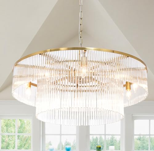 Contemporary Brass Dining Room Chandelier 2 Tier Crystal Glass Chandeliers Lighting Light Fixture Ceiling Entryway Bedroom Kitchen Entryway 10 Lights Round 32" - size: Medium Brass (32" x 70")