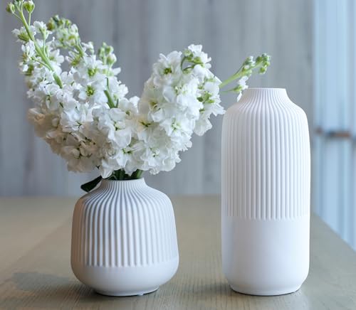 Matte White Vases Home Decor Stripe Centerpieces Modern Boho Ceramic Set of 2 for Flowers Pampas Grass Table Mantle Kitchen Porcelain