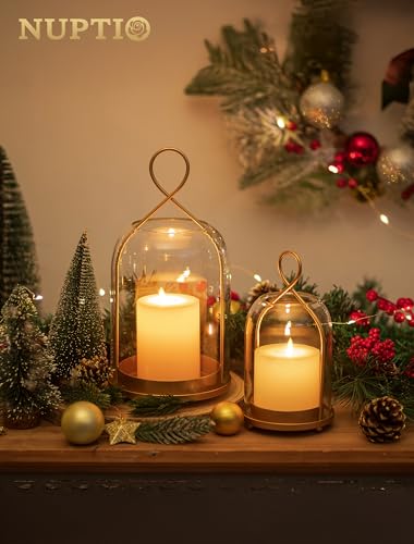 NUPTIO Glass Lanterns Decorative Outdoor: Gold Hurricane Candle Holders for Pillar Candles - Set of 2 Hanging Lantern for Home Thanksgiving Christmas Party Centerpiece