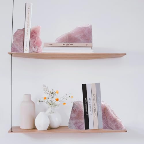 Heavy Duty Rose Quartz Bookends - Decorative Stone Book Ends 4-5 Lbs, for Office Home Decor, Large Book Holder Gift (1 Pair, 4-6.5" Height with Non-Slip Bumpers) - size: 4-5LBS