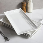 14 inch Ceramic Serving Platter - Rectangular Serving Trays Set of 4, Large Embossed Plates, Porcelain White Platters for Steak, Appetizer, Dessert, Tacos, Housewarming, Oven Dishwasher Safe