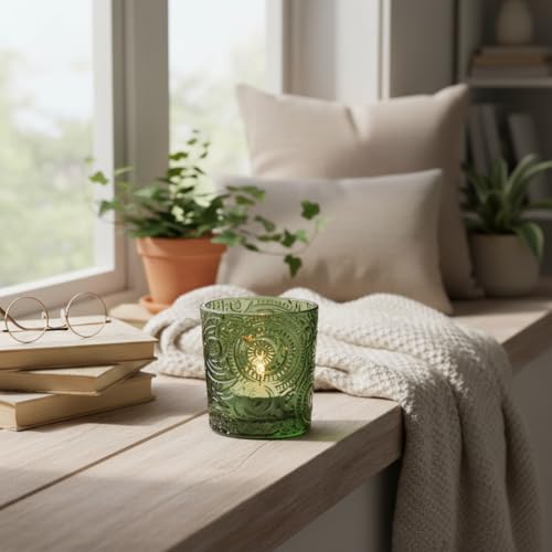 6 Pack Patented Sun Moon Star Embossed Glass Tea Light Candle Holders - Unique Votive Candle Holders for Wedding, Party, and Table Centerpieces (Moss Green) - color: Moss Green