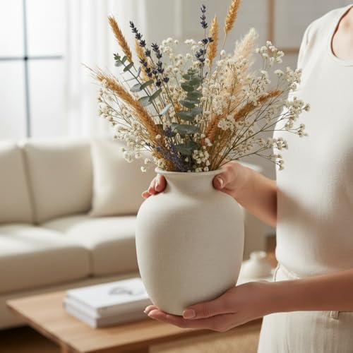 Rustic Farmhouse Vase for Pampas Grass, Beige Ceramic Vase for Flowers, 7 Inch Boho Vases for Home Decor, Aesthetic Desk, Night Stand, Book Shelf Decor - color: Beige