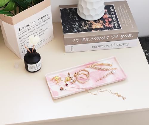 9.2" Porcelain Small Bathroom Tray, Ceramic Countertop and Vanity Tray for Cosmetics, Perfume, Jewelry, Candle - Kitchen Soap Tray for Kitchen Counter (Pink) - color: Pink, size: 9.2" x 3.6" x 0.6"