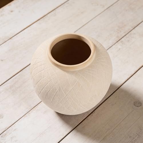 Large Carved Rustic Farmhouse Vase Home Decor - 8.8 in Ceramic Boho Decorative Vase for Decor, Round Clay Beige Terracotta Bowl vase for Living Room, Table, Shelf, Centerpieces - style: 03 - Large Rustic Carved Beige