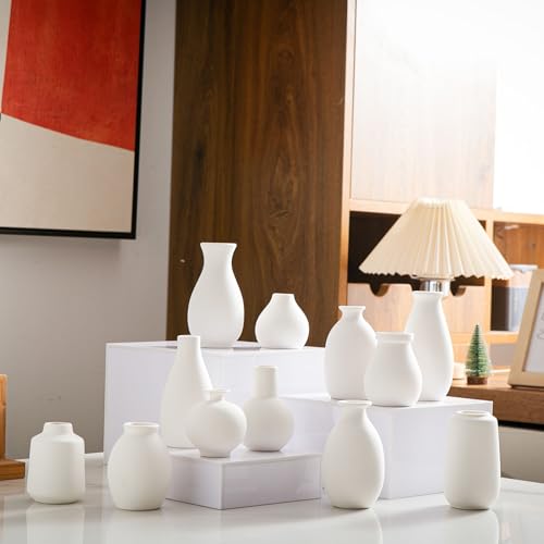 White Bud Vases, Ceramic Small Vase Set of 12, Mini Vases for Fresh and Dried Flowers, Modern Home Decor, Pottery Table Centerpiece - color: 02 White - 12 Pcs