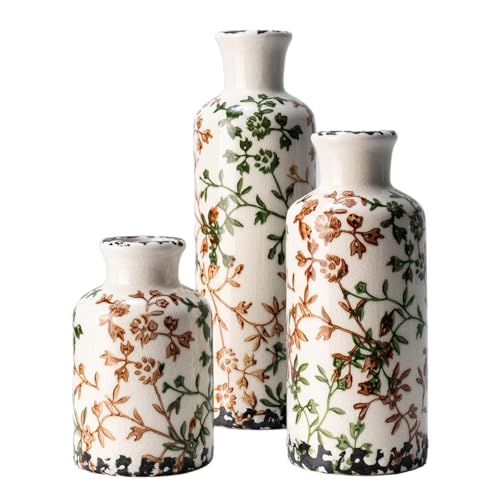 Vintage Ceramic Flower Vase Set of 3, Rustic Farmhouse Vase for Home Decor, Distressed Decorative Vase for Table Entryway Mantel Centerpiece Living Room Bathroom Bedroom (Beige-Green Crackle) - color: 108-beige-green Crackle