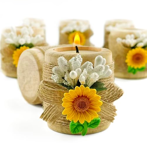 24 Pack Sunflower Wood Tealight Handmade Candle Holders - Wedding, Baby Shower, Baptism Favors & Centerpieces, Cylinder Candles Decorations - size: 24