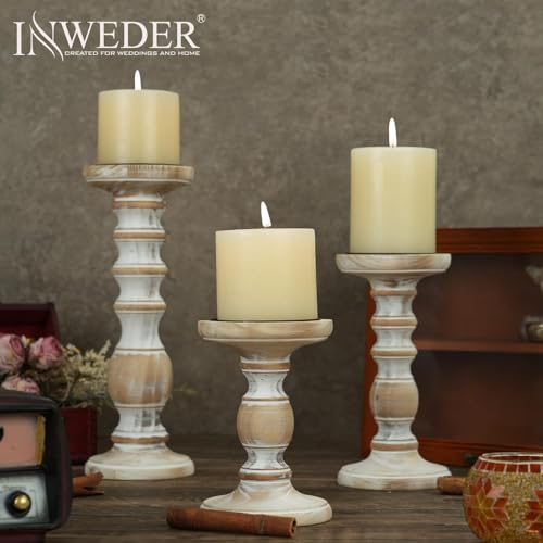 Wood Pillar Candle Holder: 3Pcs Rustic Candle Holders for Pillar Candles Wood Candle Holders Distressed Wooden Farmhouse Large Candle Holder Fireplace Table (Rustic White, 5.9", 7.87", 11") - color: Rustic White, size: 5.9", 7.9", 11"