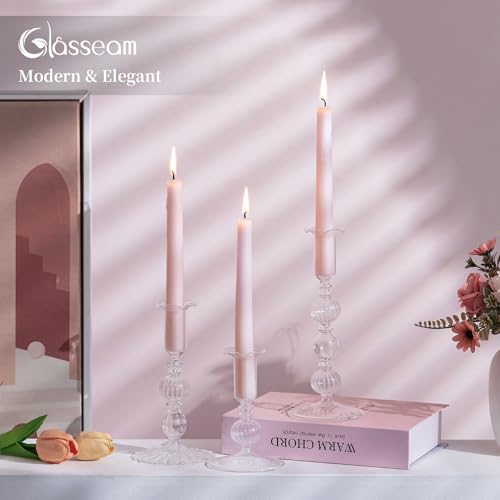 Glasseam Glass Tapered Candlestick Holders: Set of 3 Clear Candle Sticks Holder Decor with Bobeche Modern Ribbed Taper Candle Holders for Table Centerpiece Christmas Wedding Home Decorations - color: Clear