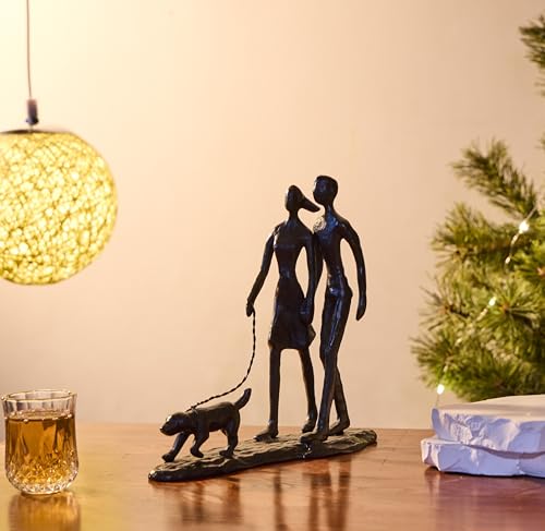 Couple and Dog Cast Iron Sculpture, Romantic Couple Love Metal Art Decor, Family Love Statue, Dog Lover Gifts for Couple - style: Couple Walking Dog