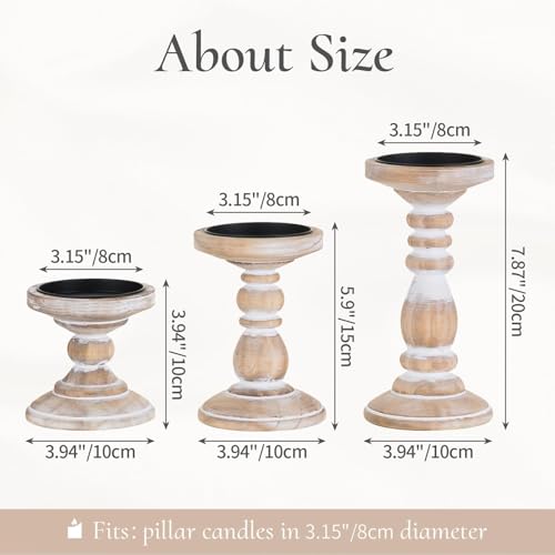Wood Pillar Candle Holder: 3Pcs Rustic White Candle Holders for Pillar Candles Wood Candle Holders Distressed Wooden Farmhouse Candle Holder Large Rustic Candle Holder for Fireplace Table - color: Rustic White, size: 3.94", 5.9", 7.87"