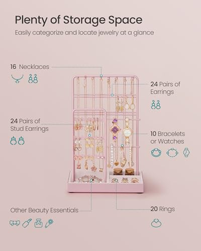 SONGMICS Necklace Holder, Jewelry Stand Holder Organizer, Jewelry Display with Metal Frame, Velvet Tray, Earring Bracelet Holder, for Gift Idea, 4.5 x 7.7 x 12.1 inch, Jelly Pink UJJS021R01 - color: Jelly Pink, size: 4.5"d X 7.7"w X 12.1"h