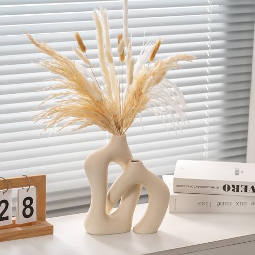 Ceramic Vase Set of 2, Farmhouse Decor Cream White Cute Vases for Home Kitchen Bedroom Office Living Room Centerpiece Table Shelf Desk Decorations, Housewarming Gifts for Women Men - color: Matte Ceram White