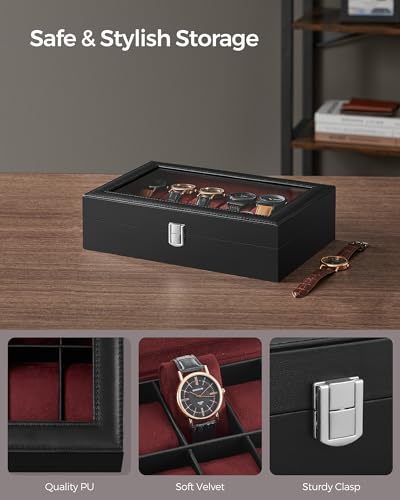 SONGMICS Watch Box, 12-Slot Watch Case Organizer with Large Glass Lid, Removable Pillows, Gift for Loved Ones, Black Synthetic Leather, Wine Red Lining UJWB120R01 - color: Black + Wine Red, size: 12 Slot