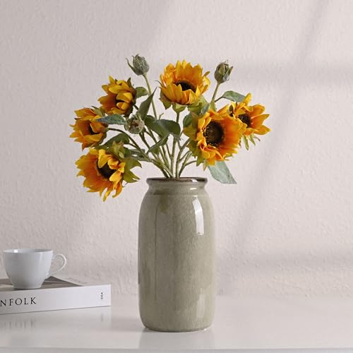 VICTOR & TERESA Rustic Large Green Vase for Home Decor, 10'' Tall Ceramic Vases for Flowers, Farmhouse Decorative Vases for Pampas Grass, Table, Mantel, Living Room, Centerpieces - color: Green, size: Large-10''