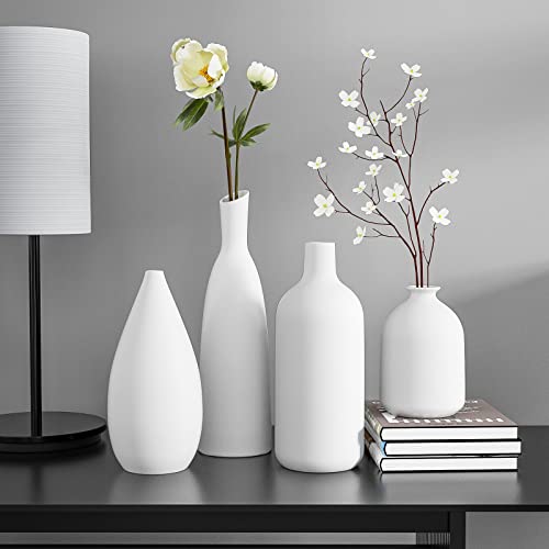 White Ceramic Vase Set of 4,Modern Farmhouse Decorative Vases for Entryway Mantel Centerpiece Bookshelf Console Table - color: White*4
