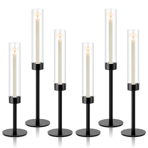 Black Hurricane Candle Holders, Set of 6 Glass Taper Candlestick Holders Metal Candle Stands Bulk with Glass Cover for Dining Tables Wedding Candelabra Centerpieces Decor - color: Black