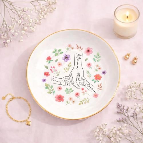 Pofily Personalized Ring Dish for Mom, Custom Jewelry Dish Holder, Ceramic Ring Holder Tray with Gold Trim, Mothers Day Gift for Mom, New Mom Gift, Engagement Gift for Her - color: Design 04
