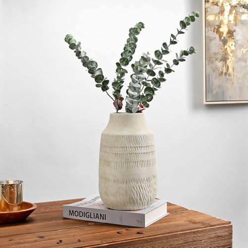 11" Rustic Ceramic Vase with Irregular Flutes Texture & Sand-Grain Surface, Antique Vase for Pampas & Vibrant Flowers, Warm-Toned Style, Beige White - color: 11" Beige White