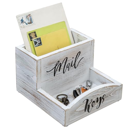 MyGift Shabby Whitewashed Solid Wood Mail Holder and Key Organizer Entryway Storage Tray with Cursive Mail and Keys Word Design, Office Desktop Organizing Bin - color: Whitewashed