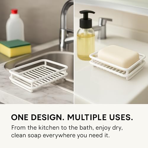 Creative Home Metal Wire Soap Dish Tray Rust-Resistant Iron Bathroom Holder with White Powder Coating Bar Soap Rack for Shower Sink Kitchen Vanity, 3.1 x 4.4 x 1 H Inch - color: White