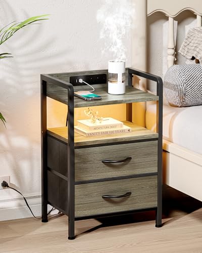 Lazzanto Night Stand Bedside Charger Bedroom - Grey Nightstand with Charging Station & LED Light Strip, Morden End Table with USB Ports & AC Outlets, Night Stand with Storage Shelf & 2 Fabric Drawers - color: Grey, size: 2 Drawers