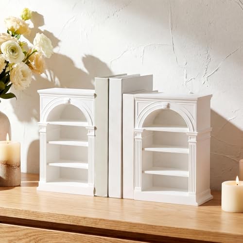2 Pcs White Bookshelf Decorative Bookends 3D Printed Plastic Bookshelf Designed Decor Bookstopper for Book Lovers Blank Decorative Holder for Mini Book Home Office Decor