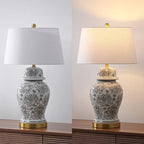 JONATHAN Y 29.5" Gray/White Ceramic Table Lamp for Living Room and Office, White Linen Drum Shade, Traditional Chinoiserie Ginger Jar Lamp, LED Bulb Included (JYL3008B) - color: Gray/White