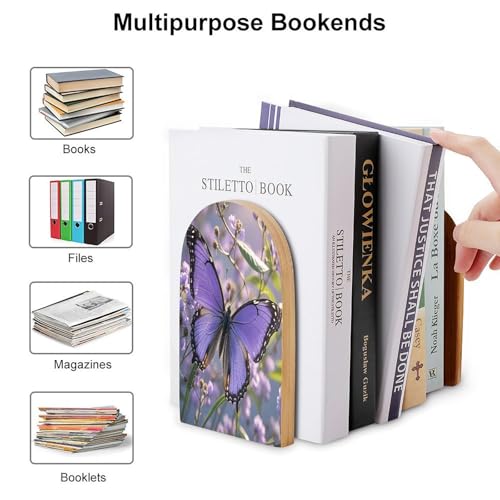 Beautiful Purple Butterfly Art Bookend for Shelves,Muso Wood Book End,Non-Skid Book Holder Support for CD, Video File, Video Games,Decorative Books Stopper for Home, 6.7 X 3.9 X 4.7”