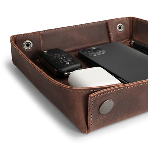 Hide & Drink, Leather Catchall Tray, Easy Access Organizer for Keys, Coins, Change, Jewelry, Watches, Smartphones, Durable, Vintage Style, Handmade :: Bourbon Brown - color: Bourbon Brown