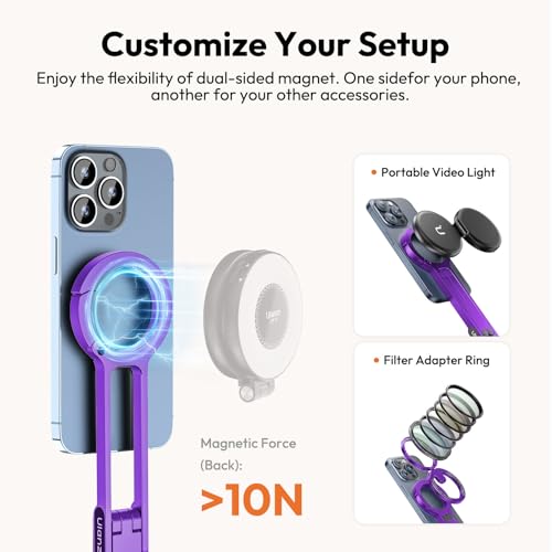 ULANZI MA30 Magnetic Phone Tripod Stand for iPhone-Aluminium Maglock Smartphone Mini Tripod Pocket Cell Phone Stand Strong Magnet Quick Mount Compatible with iPhone 17 16 15 14 13 12 Series, Purple - color: Purple