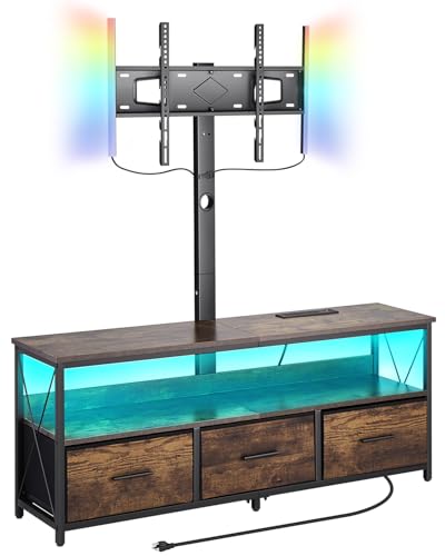 VEVOR 52" TV Stand with Mount for up to 75 in TVs, Entertainment Center with Power Outlet & LED Lights, Height Adjustable TV Console with Mount with 3 Drawers for Bedroom, Living Room, Brown - color: Brown, size: for 75" TVs