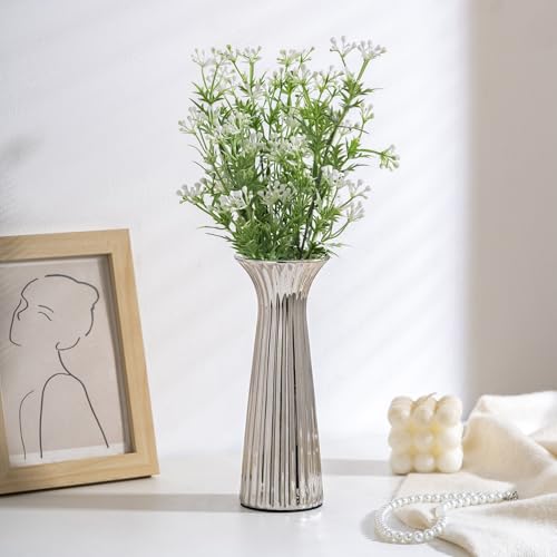 Silver Ceramic Vase for Home Decor, Small Ribbed Flower Vase for Pampas Grass, Modern Contemporary Decorative Vase for Coffee Table, Shelf, Kitchen, Living Room, Bedroom & Elegant Centerpiece - color: Silver