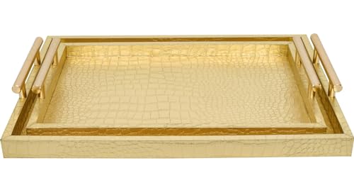 Set of 2 Modern Elegant Large Wood Serving Tray, Rectangle Decorative Tray Ottoman Tay Coffee Table Tray, Gold Crocodile Leather with Gold Polished Metal Handles - style: Golden Crocodile Tray