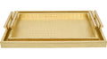 Set of 2 Modern Elegant Large Wood Serving Tray, Rectangle Decorative Tray Ottoman Tay Coffee Table Tray, Gold Crocodile Leather with Gold Polished Metal Handles - style: Golden Crocodile Tray