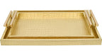 Set of 2 Modern Elegant Large Wood Serving Tray, Rectangle Decorative Tray Ottoman Tay Coffee Table Tray, Gold Crocodile Leather with Gold Polished Metal Handles - style: Golden Crocodile Tray