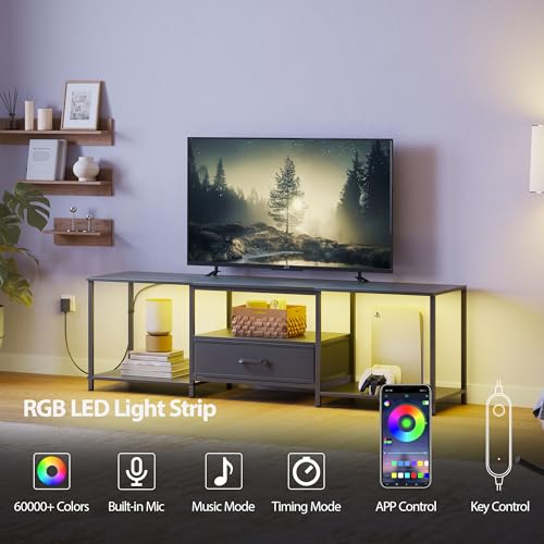 JARHETUN TV Stand with LED Lights, Entertainment Center with Open Shelves and Fabric Drawer, Media Console for 80 Inch TV, Television Stands for Living Room, Bedroom, Black - color: Black With Led Light, size: 70.9 Inches