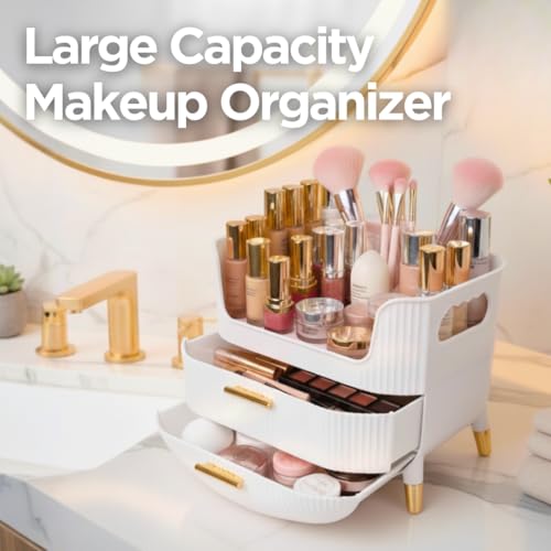 HALAFE Makeup Organizer with Drawers, Skincare Storage Box for Vanity, Multiple Compartments, Portable Cosmetic Display Case with Handle, Large Make up Organizers for Dresser, Bathroom, Bedroom, White - color: White