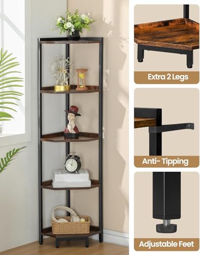 Hzuaneri Corner Shelf Stand, Corner Bookshelf, Storage Standing Shelf Unit with Metal Frame, Plant Stand, Bookcase for Living Room, Home Office, Bedroom, 5-Tier Rustic Brown CS05901B - color: Rustic Brown, size: 5 Tier
