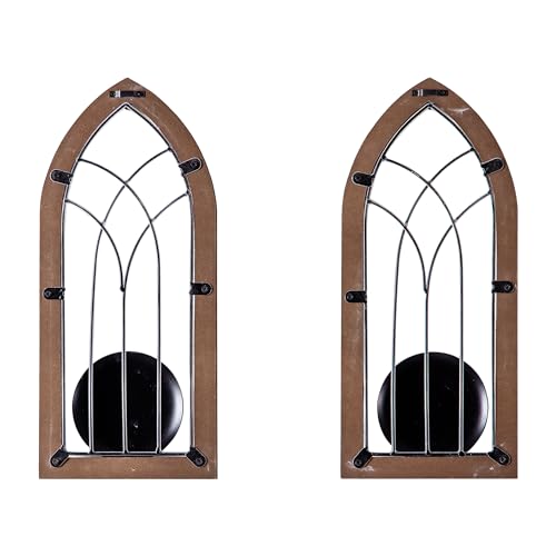 SOFE Farmhouse Wall Candle Holder, Rustic Candle Sconces Set of Two Arch Cathedral Window Decor, Wall Mounted Pillar Candle Holders for Living Room, Bedroom, Hallway, Brown