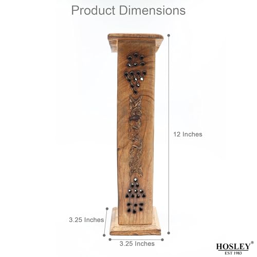 Hosley Hand-Carved Wooden Incense Stick Holder Tower – Tall Decorative Burner Box with Hinged Door for Aromatherapy, Meditation, Yoga, Home & Office Décor (Includes 20 Incense Sticks) - color: Brown